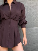 Collared Gathered Sleeve Buttoned Front Pleated Blouse