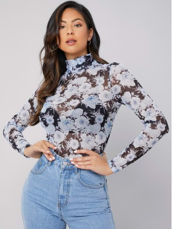 Mock Neck Floral Mesh Sheer Top Without Bra