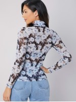 Mock Neck Floral Mesh Sheer Top Without Bra