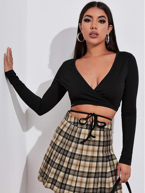 Surplice Neck Crisscross Tie Front Crop Top