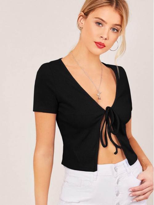 Tie Front Rib-knit Solid Top