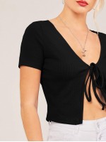 Tie Front Rib-knit Solid Top