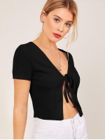 Tie Front Rib-knit Solid Top