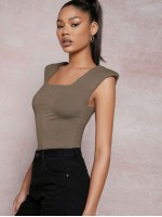 Square Neck Shoulder Pad Solid Tank Top