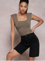 Square Neck Shoulder Pad Solid Tank Top