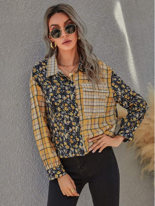 Flower & Plaid Print Pocket Front Blouse