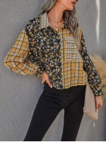 Flower & Plaid Print Pocket Front Blouse