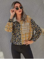 Flower & Plaid Print Pocket Front Blouse