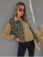 Flower & Plaid Print Pocket Front Blouse