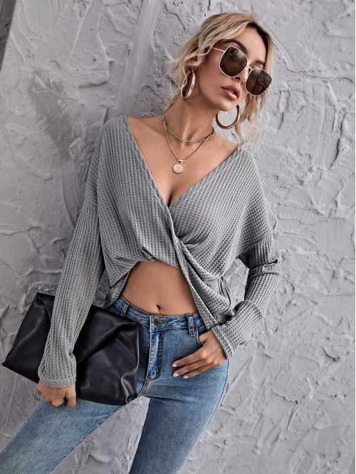 Drop Shoulder Twist Front Waffle Knit Tee