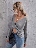 Drop Shoulder Twist Front Waffle Knit Tee