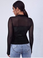 Mock-neck Mesh Yoke Velvet Tee