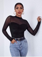 Mock-neck Mesh Yoke Velvet Tee