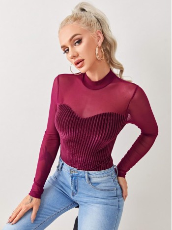 Mock-neck Mesh Yoke Velvet Tee