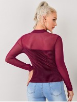 Mock-neck Mesh Yoke Velvet Tee