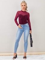 Mock-neck Mesh Yoke Velvet Tee