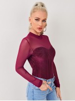 Mock-neck Mesh Yoke Velvet Tee