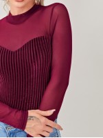 Mock-neck Mesh Yoke Velvet Tee