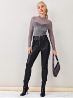 Mock-neck Mesh Yoke Velvet Tee