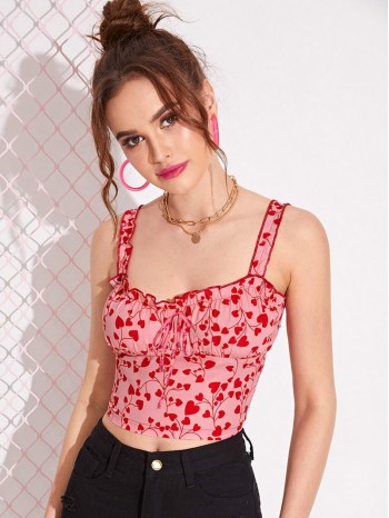 Heart Print Lettuce-Edge Crop Top