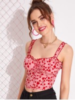 Heart Print Lettuce-Edge Crop Top