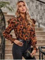 Tie Neck Allover Print Ruffle Trim Blouse