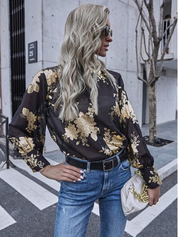 Floral Print Sheer Button Front Blouse