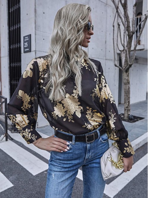 Floral Print Sheer Button Front Blouse