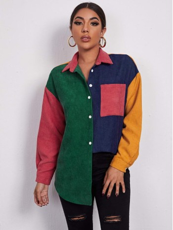 Button Front Patch Pocket Colourblock Cord Blouse