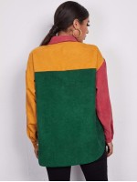 Button Front Patch Pocket Colourblock Cord Blouse