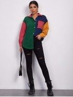 Button Front Patch Pocket Colourblock Cord Blouse