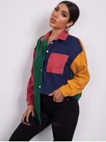 Button Front Patch Pocket Colourblock Cord Blouse