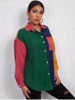 Button Front Patch Pocket Colourblock Cord Blouse