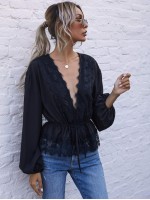 Tie Front Contrast Lace Top