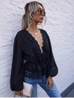 Tie Front Contrast Lace Top