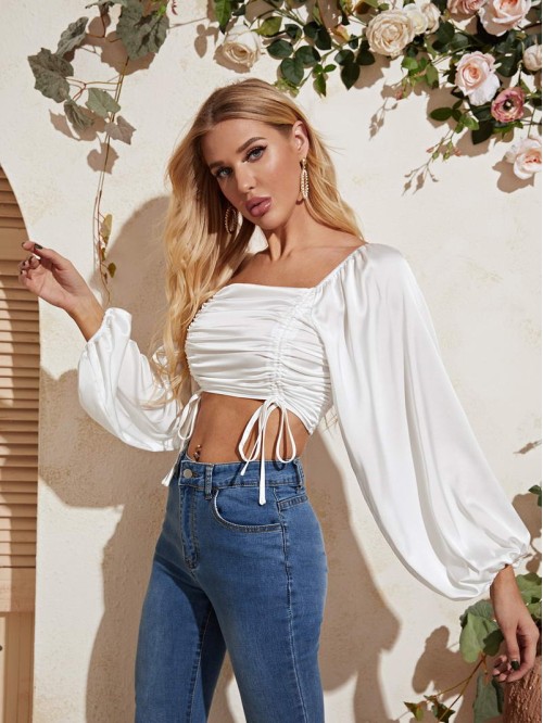 Ruched Drawstring Detail Shirred Back Crop Top