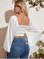 Ruched Drawstring Detail Shirred Back Crop Top