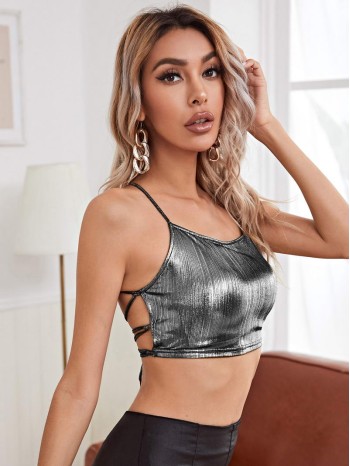 Lace Up Backless Metallic Cami Top