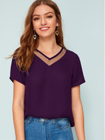 V-neck Mesh Insert Top