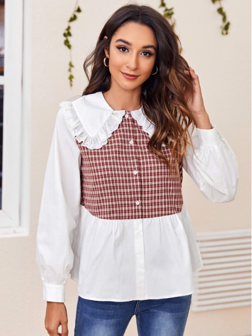 Statement Collar Tartan Panel Blouse