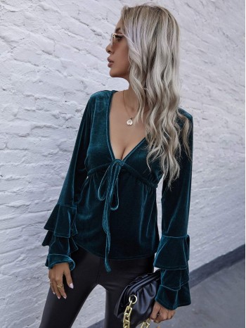 Tie Front Layered Bell Sleeve Velvet Top