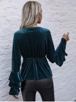 Tie Front Layered Bell Sleeve Velvet Top