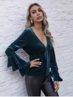 Tie Front Layered Bell Sleeve Velvet Top