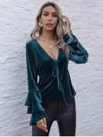 Tie Front Layered Bell Sleeve Velvet Top