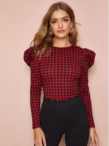 Gigot Sleeve Gingham Fitted Top