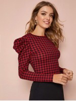 Gigot Sleeve Gingham Fitted Top