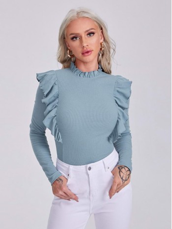 Frill Neck Ruffle Trim Form Fitted Top