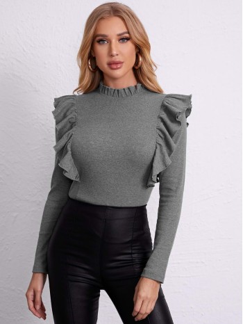 Frill Neck Ruffle Trim Form Fitted Top