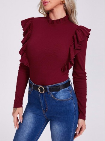 Frill Neck Ruffle Trim Form Fitted Top