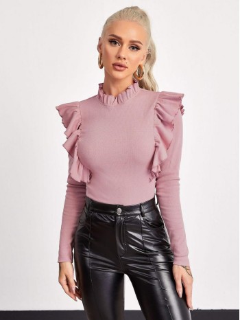 Frill Neck Ruffle Trim Form Fitted Top